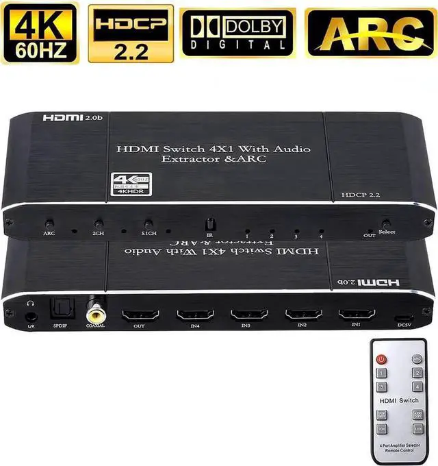 Main image of 4 in 1 Out HDMI 2.0 Switch with ARC & Audio Extractor, 4K@60Hz HDR10 HDMI Switcher with IR Remote, HDCP 2.2 SPDIF Audio Output, Compatible with PS4, Xbox, Apple TV, Fire Stick, HDTV Projector