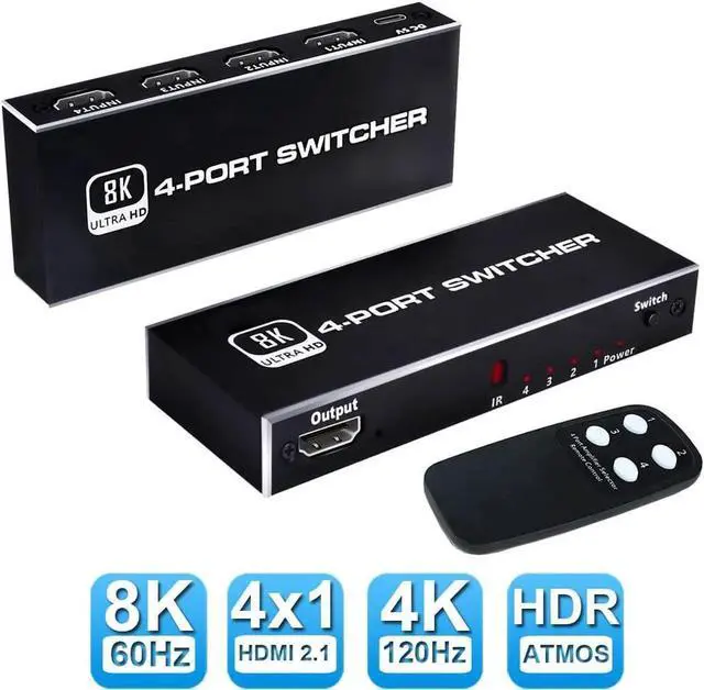 Main image of 4 in 1 Out HDMI 2.1 Switch 8K@60Hz with IR Remote, 4-Port 48Gbps HDMI Selector Box, Support 4K@120Hz, 2K@144Hz, HDR, CEC, Dolby Vision, HDCP 2.3, Compatible with Xbox Series X, PS5, Fire Stick, Blu-Ra