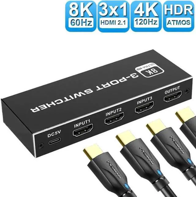 Alt view image 5 of 7 - 8K@60Hz HDMI 2.1 Switch 3 in 1 Out, 48Gbps High Speed HDMI Switcher Selector, Supports 4K@120Hz, 1080P@240Hz, HDCP 2.3 for PS5, Xbox, Fire Stick, Roku, UHD Monitor & Projector