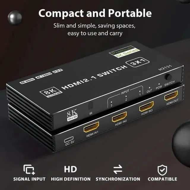 Alt view image 2 of 7 - 3 in 1 Out HDMI 2.1 Switch, 48Gbps High Speed HDMI Switcher Supports 8K@60Hz, 4K@120Hz, HDR10, CEC & Auto Switching, HDCP 2.3 for PS5, Xbox Series X/S, Nintendo Switch, PC, DVD Player, HDTV