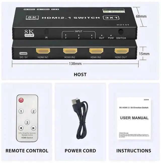 Alt view image 3 of 7 - 3 in 1 Out HDMI 2.1 Switch, 48Gbps High Speed HDMI Switcher Supports 8K@60Hz, 4K@120Hz, HDR10, CEC & Auto Switching, HDCP 2.3 for PS5, Xbox Series X/S, Nintendo Switch, PC, DVD Player, HDTV