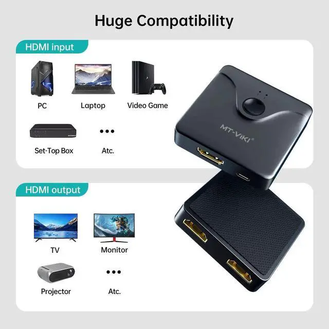 Alt view image 7 of 7 - MT-VIKI Bi-Directional HDMI 2.0 Switch 2 in 1 Out / 1 in 2 Out, 4K@60Hz HDMI Switcher Splitter Supports HDR, 3D, HDCP 2.2, Manual Button Control for PS5, Xbox, Roku, HDTV, Monitor