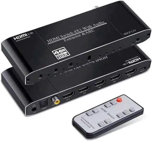 Main image of 4x1 HDMI Switch with Audio Extractor, 4 in 1 Out 4K HDMI Switcher Selector Box, Separate Optical Toslink + Coaxial + 3.5mm AUX Audio Output, Built-in EDID Management, IR Remote Control, Supports 4K UH