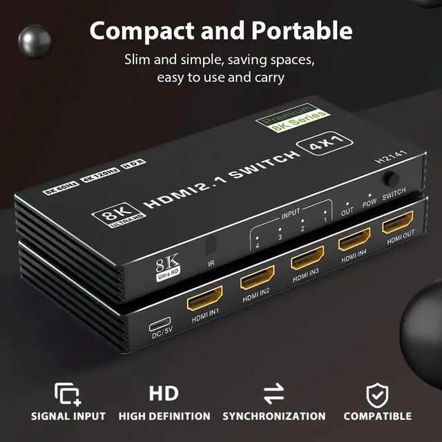 Alt view image 3 of 7 - 4 in 1 Out 8K HDMI 2.1 Switch with IR Remote, 48Gbps Auto HDMI Switcher Support 8K@60Hz HDR10 HDCP2.3, for PS5/PS4/PS3, Xbox, Nintendo Switch, HDTV Monitor