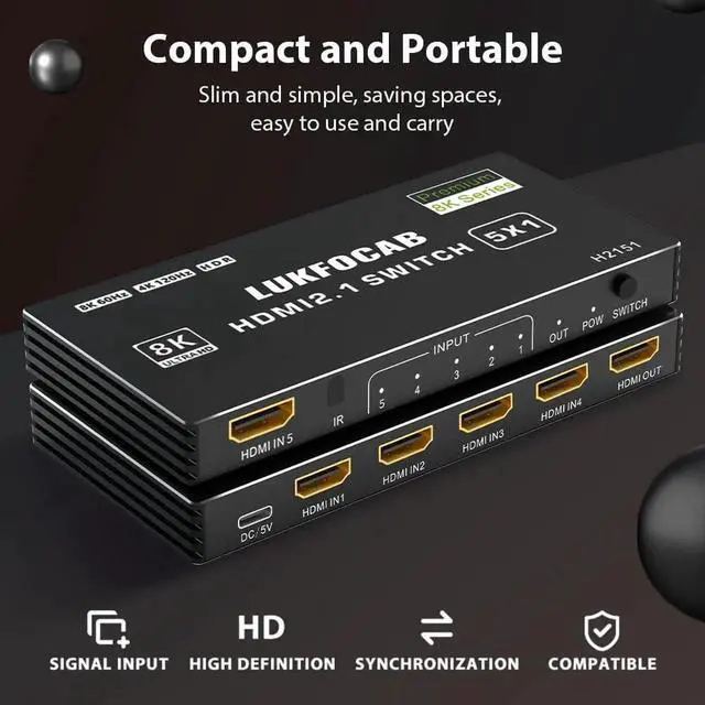 Alt view image 5 of 7 - 5 in 1 Out HDMI 2.1 Switch 8K@60Hz, 5 Port 48Gbps HDMI Switcher Selector Box with IR Remote, Support 4K@120Hz HDR10+ HDCP2.3 3D, for PS5/PS4/PS3, Xbox Series X, Nintendo Switch, Laptop PC HDTV Monitor