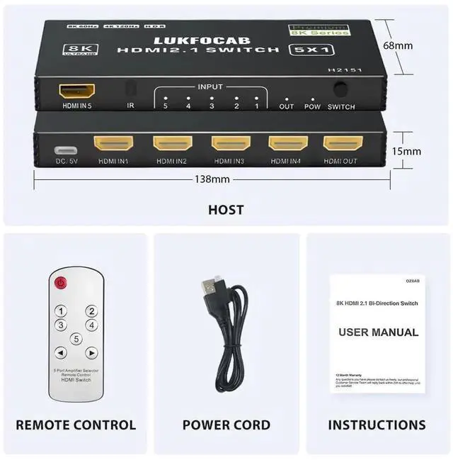 Alt view image 6 of 7 - 5 in 1 Out HDMI 2.1 Switch 8K@60Hz, 5 Port 48Gbps HDMI Switcher Selector Box with IR Remote, Support 4K@120Hz HDR10+ HDCP2.3 3D, for PS5/PS4/PS3, Xbox Series X, Nintendo Switch, Laptop PC HDTV Monitor