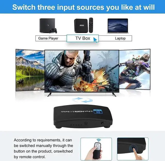 Alt view image 7 of 7 - 3 in 1 Out HDMI 2.1 8K Switch with IR Remote, 48Gbps High Speed HDMI Switcher Support 8K@60Hz 4K@120Hz HDR HDCP2.3, Converter Selector for Xbox, PS5, Projectors, Monitors