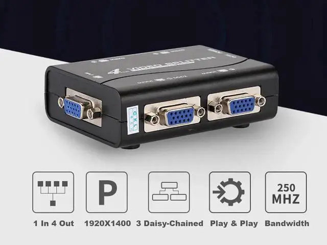Alt view image 4 of 6 - 1 in 4 Out VGA Splitter Hub 4 Ports, 250MHz Bandwidth VGA Video Distributor Support Max 1920x1440@60Hz Resolution
