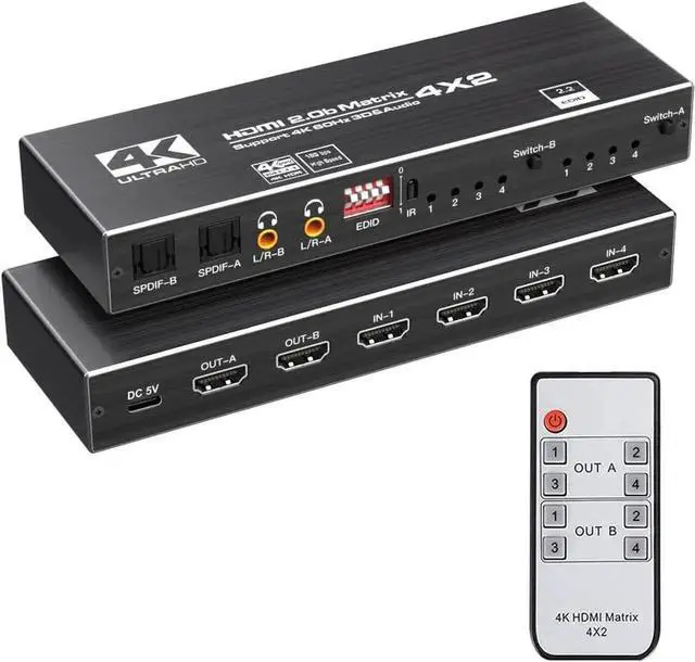 Main image of 4X2 HDMI 2.0 Matrix Switch with IR Remote, Model OZJ1-1, 4 In 2 Out 4K@60Hz Matrix Switcher with Audio Extractor, Dual SPDIF + Dual 3.5mm L/R Audio, Support EDID, HDCP2.2, HDR10 for 4K TV, Monitor, Ga