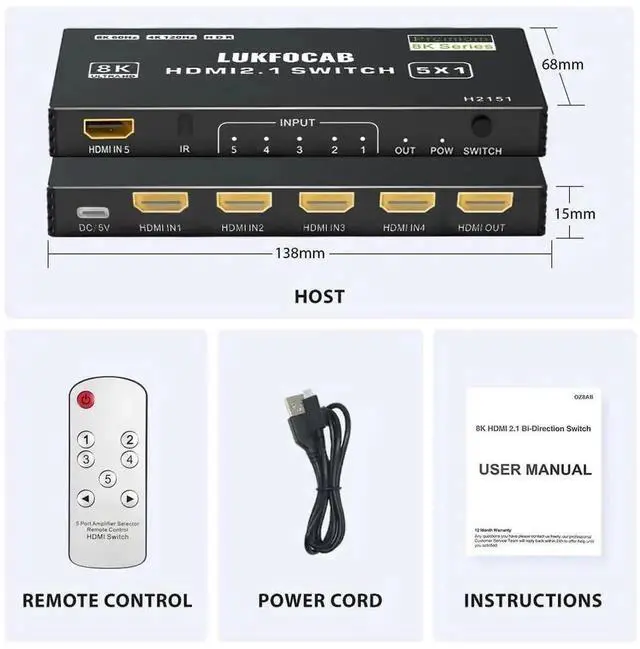 Alt view image 5 of 7 - 5 in 1 Out HDMI 2.1 8K Switch with IR Remote, 48Gbps High Speed 5-Port HDMI Switcher Selector Box Support 8K@60Hz 4K@120Hz, HDR10+, HDCP2.3 & 3D for PS5/PS4/PS3, Xbox Series X, Nintendo Switch, Laptop