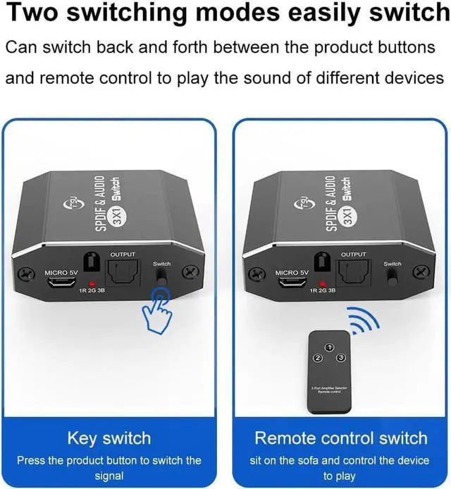 Alt view image 3 of 7 - 3 in 1 Out SPDIF Toslink Optical Audio Switcher Splitter with IR Remote, 3-Port Digital Optical Audio Selector Box for Soundbar, Amplifier, HDTV