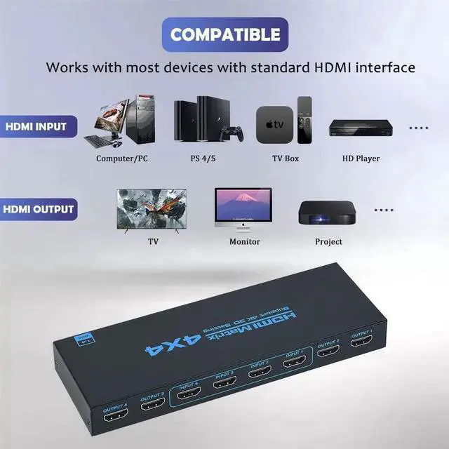 Alt view image 5 of 7 - 4 in 4 Out HDMI Matrix Switch with IR Remote, 10.2Gbps Bandwidth 4×4 Video Matrix Selector Support 4K@30Hz & YUV 4:2:0 for HDTV, Monitor, Game Console, Projector