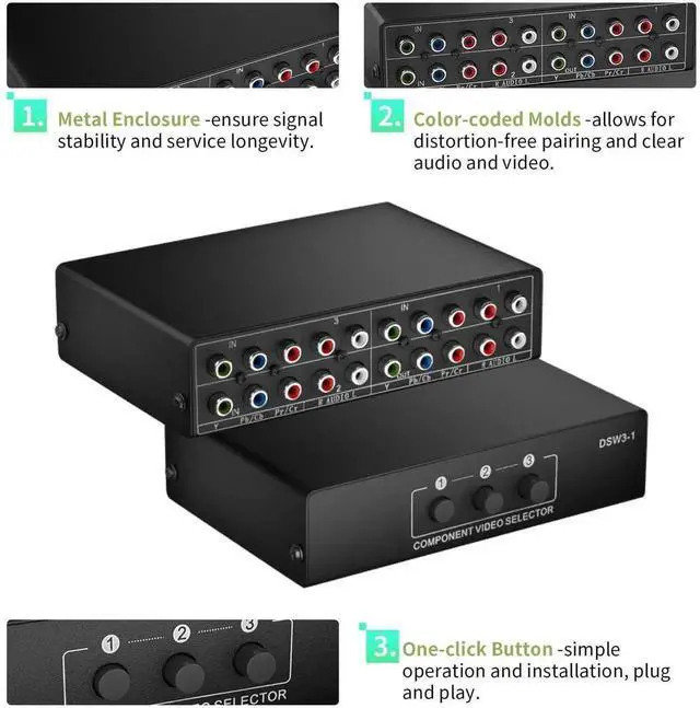 Alt view image 4 of 7 - 3 in 1 Out 5 RCA YPbPr Component AV Switch Box Support 1080P, 3-Port RGB Component Video & L/R Audio Selector Splitter for Xbox, Wii, PS1/PS2/PS3, SNES, DVD Player, Set-Top Box, HDTV