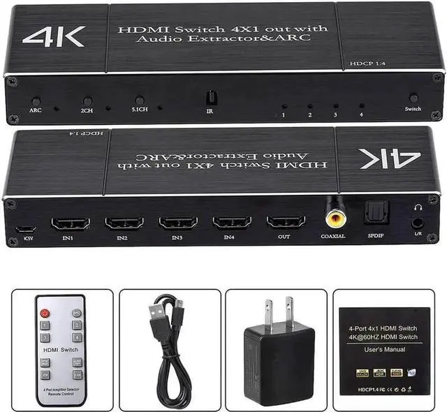 Alt view image 2 of 6 - 4 in 1 Out HDMI 2.0 Switch with Audio Extractor & IR Remote, Model OZQ7, 4K@60Hz HDMI Selector Support Optical Toslink, Coaxial & 3.5mm AUX Audio, ARC, 3D, 1080P@120Hz HDCP2.2 for PS4, PC, DVD Player,