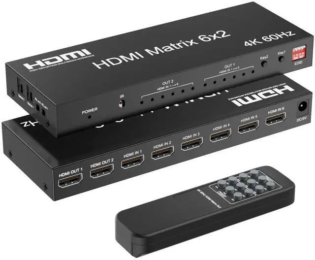 Main image of 6x2 HDMI 2.0 Matrix Switch Splitter, 6 in 2 Out HDMI Switcher Selector with IR Remote, Optical SPDIF + 3.5mm AUX Audio Extractor, Supports 4K@60Hz 18Gbps UHD HDR HDCP 2.3, Adjustable EDID Management,