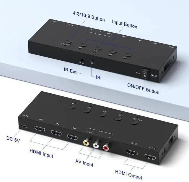 Alt view image 4 of 7 - 3 HDMI 2.0 + 1 RCA Input to 2 HDMI Output Converter Switch Splitter, Simultaneous Dual Display, Aspect Ratio 4:3/16:9 Adjustable, Compatible with N64, NGC, Wii, Xbox, PS2/3/4/5, Switch, Apple TV, Fire
