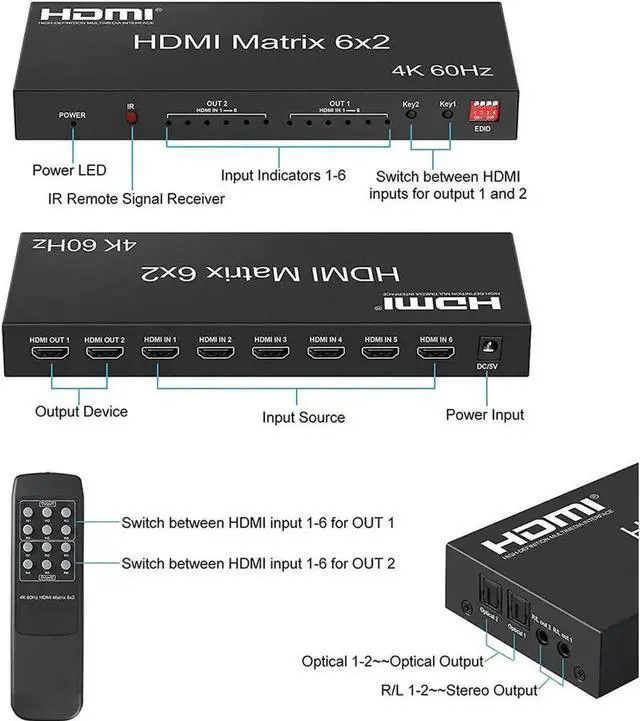 Alt view image 2 of 7 - HDMI 2.0 6x2 Matrix Switch Splitter, 6 in 2 Out HDMI Video Switcher with Optical SPDIF + 3.5mm Audio Extractor & IR Remote, Supports 4K@60Hz 18Gbps HDR RGB/YUV 4:4:4, Independent Dual Display Output