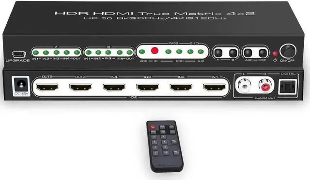 Main image of 8K 4x2 HDMI 2.1 Matrix Switch Splitter, 4 In 2 Out HDMI Video Switcher with Optical SPDIF & RCA L/R Audio Extractor, Supports 8K@60Hz, 4K@120Hz, HDR10, ARC, HDCP 2.3, IR Remote Control for PS5, Xbox S