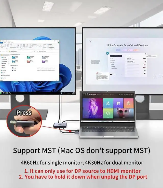 Alt view image 4 of 7 - DisplayPort to Dual HDMI MST Adapter with Lock, 1 in 2 Out DP Male to Dual HDMI Female Splitter Supports 4K@60Hz, DP Converter for Dual Monitors, Laptops, Desktops, NVIDIA & AMD Graphics Cards
