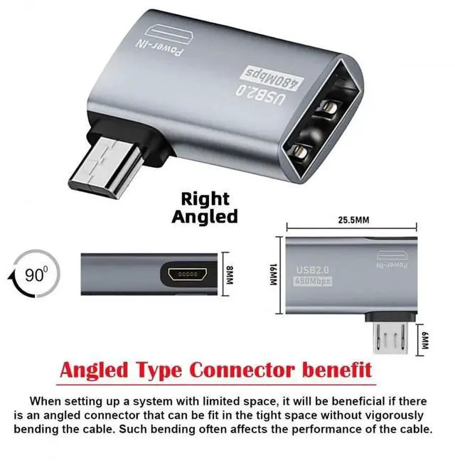Alt view image 5 of 7 - 2-Pack 90° Left & Right Angled Micro USB 2.0 to USB A Female OTG Adapter, Micro USB Male to Type-A Female OTG Converter with Power Supply for Smartphones, Tablets