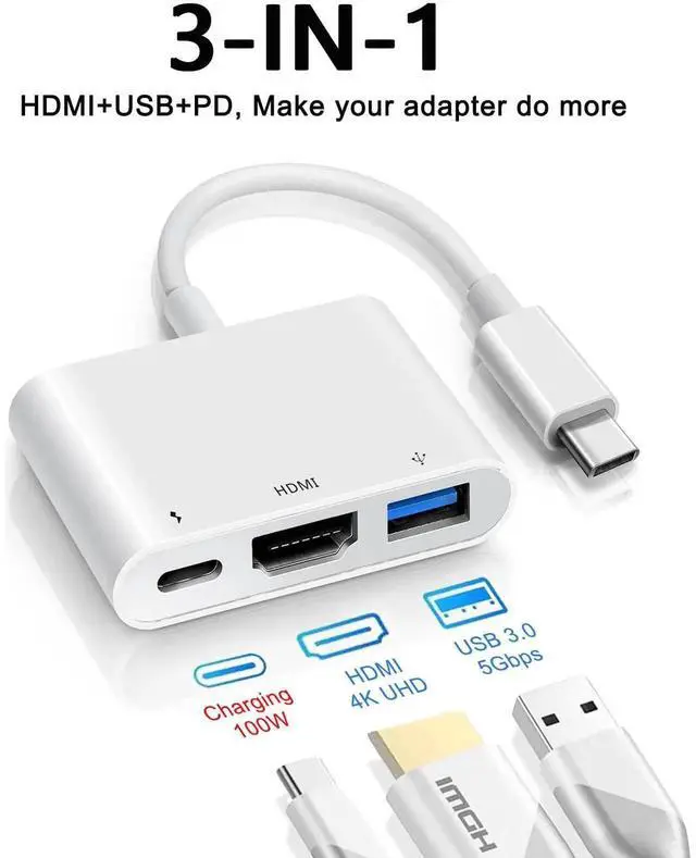 Alt view image 3 of 7 - 2-Pack 3-in-1 USB-C Multiport Adapter, USB-C to 4K HDMI + USB3.0 + 100W PD Charging Dongle, Type-C OTG Splitter Compatible with iPhone 15/16, iPad Air/Pro, MacBook, Dell XPS, Samsung Galaxy S23