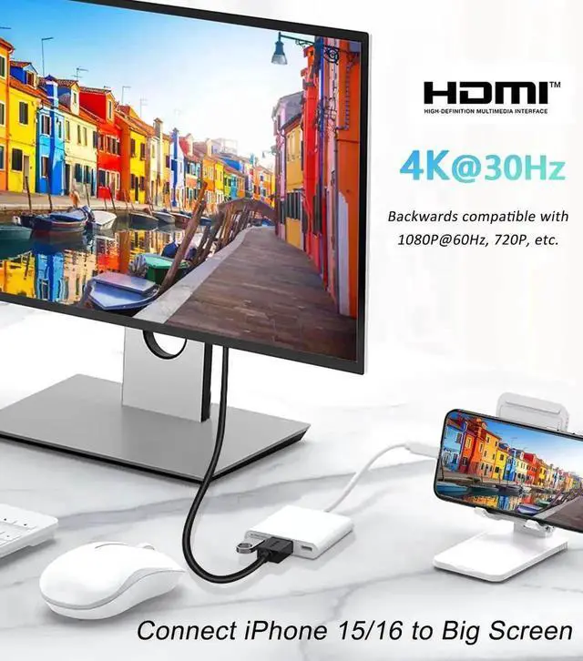 Alt view image 3 of 7 - 2-Pack 3-in-1 USB-C Multiport Adapter, USB-C to 4K@60Hz HDMI + USB3.0 + 100W PD Pass-Through OTG Dongle, Compatible with iPhone 15/16, iPad Air/Pro, MacBook, Dell XPS, Samsung Galaxy S23