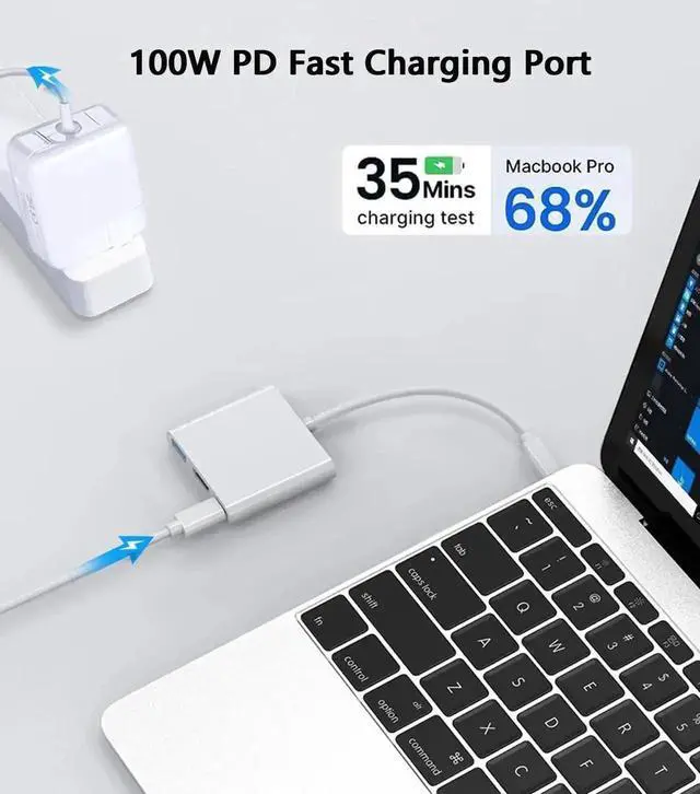 Alt view image 2 of 7 - 2-Pack 3-in-1 USB-C Multiport Adapter, USB-C to 4K@60Hz HDMI + USB3.0 + 100W PD Pass-Through OTG Dongle, Compatible with iPhone 15/16, iPad Air/Pro, MacBook, Dell XPS, Samsung Galaxy S23