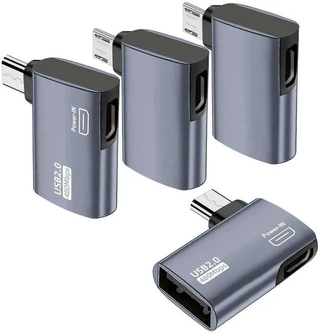 Main image of 4 Pack 90 Degree Left & Right Angled Powered Micro USB OTG Adapter, Grey Micro USB Male to USB A Female OTG Connector for Fire TV Stick 4K, Android Phones, Tablets & Micro USB Host Devices