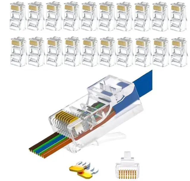 Main image of 20 Pack 8P8C RJ45 Pass Through Modular Plugs, Gold-Plated Cat5 Cat6 Ethernet Connector for Solid & Stranded UTP Network Cable