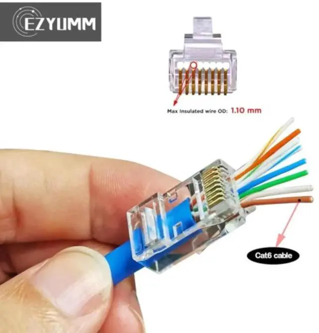 Alt view image 4 of 4 - 20 Pack 8P8C RJ45 Pass Through Modular Plugs, Gold-Plated Cat5 Cat6 Ethernet Connector for Solid & Stranded UTP Network Cable