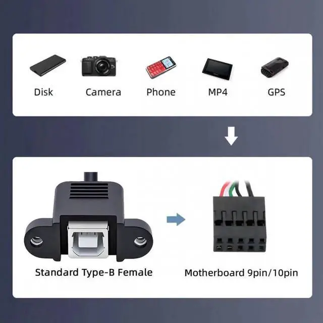 Alt view image 3 of 7 - USB 2.0 Motherboard 9/10Pin Header to Type-B Female Panel Mount Cable with Lock Nuts for Industrial Equipment Chassis