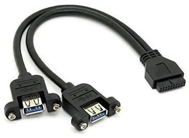 Main image of Black USB 3.0 Front Panel Cable, Dual USB-A Female Screw Mount Bracket to Motherboard 20Pin Internal Header