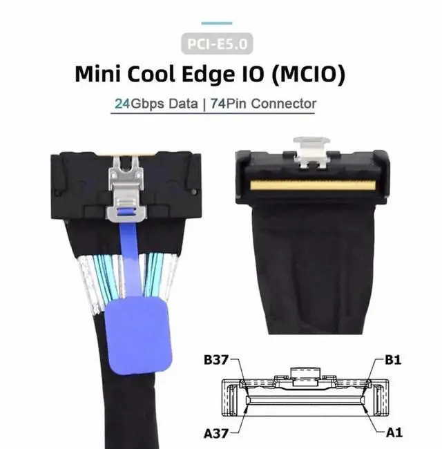 Alt view image 7 of 7 - 35CM Angled PCIe 5.0 MCIO Mini Cool Edge IO Extension Cable, SFF-8654 8i 74Pin Male to Male Server High-Speed Extender Cord
