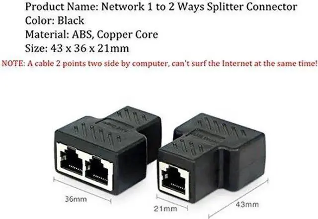 Alt view image 4 of 6 - 2 Pack RJ45 1 to 2 Port Ethernet Splitter Adapter, 8P8C RJ45 Female to Dual Female LAN Coupler Compatible with Cat5/Cat5e/Cat6/Cat7 Network Cable for Router PC Laptop