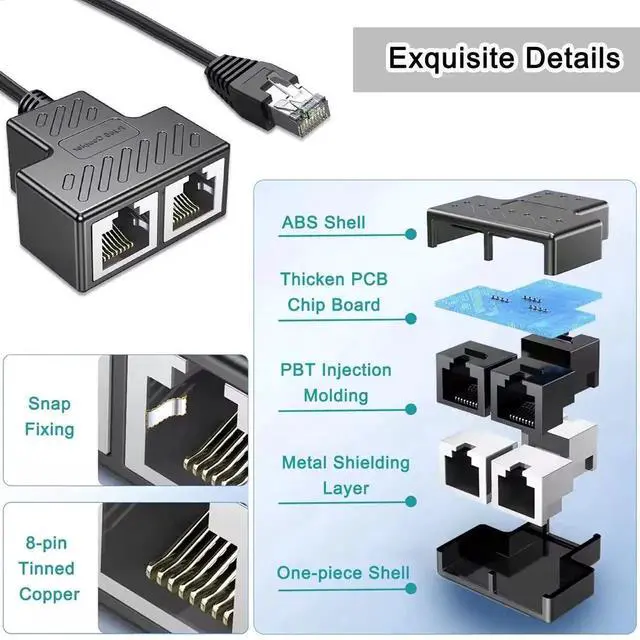 Alt view image 5 of 6 - 1 to 2 RJ45 Ethernet Splitter Adapter, LAN Internet Splitter Compatible with Cat5/Cat5e/Cat6/Cat7/Cat8 Cable, Works with Starlink Ethernet Connection