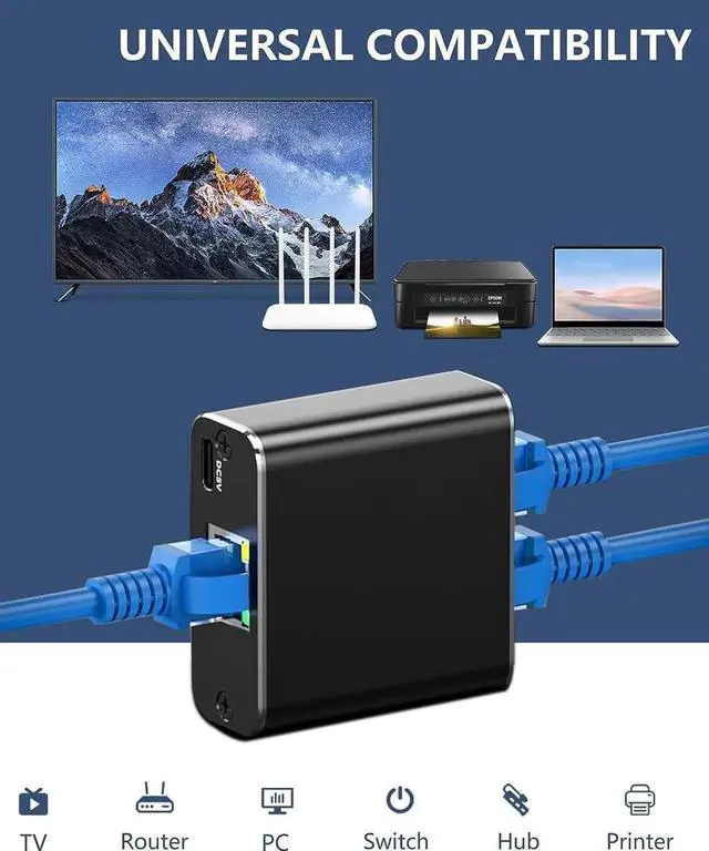 Alt view image 6 of 7 - 1 to 2 Gigabit Ethernet Splitter with USB Power Cord, 1000Mbps Active LAN Port Expander Supports Two Devices Online at The Same Time, Compatible with Cat5/Cat5e/Cat6/Cat7/Cat8 Network Cables