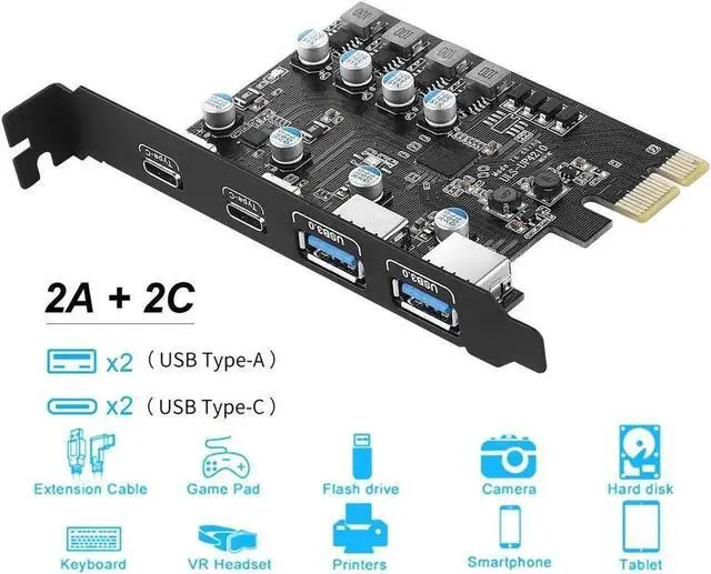 Alt view image 3 of 5 - PCIe x1 4-Port USB 3.2 Gen1 Expansion Card (2 USB-A + 2 USB-C), 5Gbps PCI Express USB 3.0 Hub Add-On Card, Compatible with Windows XP/7/8/10 & Mac OS 10.8.2 and Above