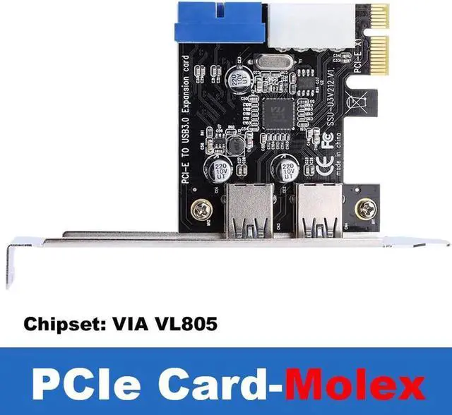 Alt view image 5 of 6 - 4 Port PCI-E USB 3.0 Expansion Card, 2 External USB-A + 20Pin Internal Header PCIe Hub Controller Adapter with Molex Power Supply