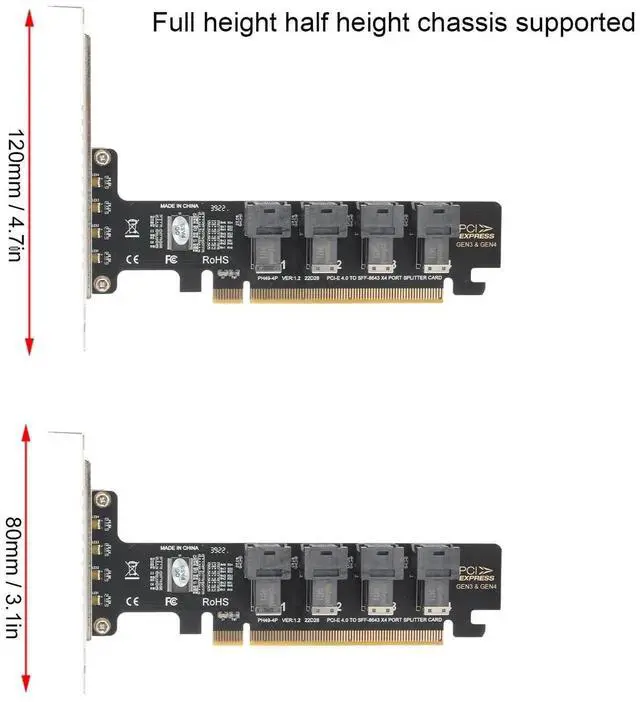Alt view image 4 of 7 - PCIe 4.0 x16 to 4-Port U.2 NVMe Expansion Split Card, SFF-8643 SFF-8639 U.2 Adapter Card with Independent LED Activity Indicators for Desktop PC & Server