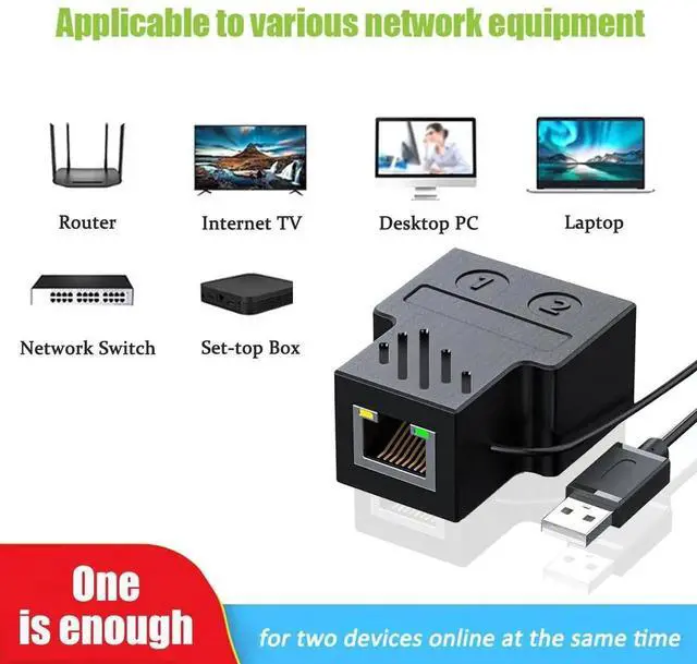Alt view image 5 of 7 - 1 to 2 RJ45 Gigabit Ethernet Splitter, Mini 2-Port Network Switch with USB Power Supply Cable, Compatible with Cat5/Cat6/Cat7/Cat8 Cables, Supports Two Devices Online Simultaneously