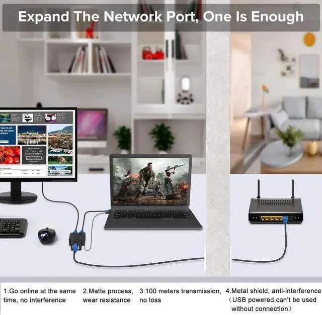 Alt view image 3 of 7 - Upgraded 1 Male to 2 Female RJ45 Ethernet Splitter Adapter, Black LAN Network Splitter Compatible with Cat5/Cat5e/Cat6/Cat7 Ethernet Cables