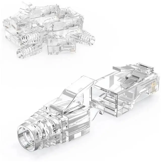 Main image of 100 Pack Transparent Cat6 RJ45 Modular Plugs with Strain Relief Boots, 8P8C Ethernet Connector Ends for Cat5/Cat6 Solid & Stranded LAN Cables