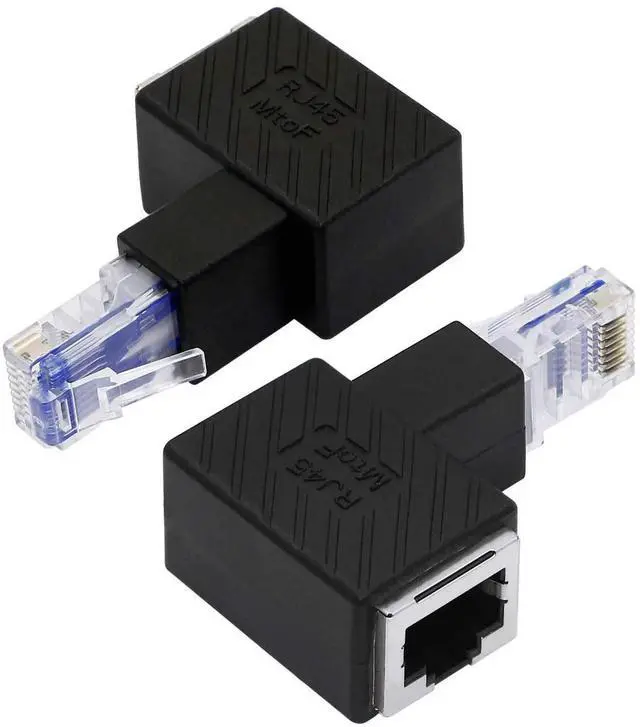 Main image of 2 Pack 90 Degree Down Angle RJ45 Male to Female Ethernet Adapter, Right Angle 8P8C LAN Connector Compatible with Cat5/Cat5e/Cat6 Cables