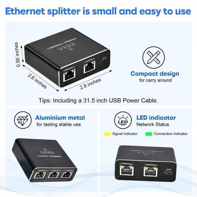 Alt view image 7 of 7 - 1 to 4 Port Gigabit Ethernet Splitter, 1000Mbps RJ45 LAN Splitter Supports 4 Devices Simultaneous Connection, USB Powered Network Splitter Compatible with Cat5/5e/6/7/8 Ethernet Cables