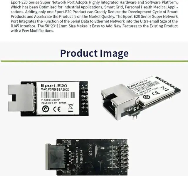 Alt view image 4 of 6 - 5 Pack Eport-E20 TTL Serial to Ethernet Embedded Module, FreeRTOS TCP/IP Network Server Converter, 3.3V MCU Serial Module Supports DHCP & Telnet for Embedded IoT Projects