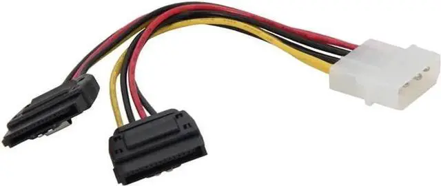Main image of 6 Inch 4-Pin Molex Male to Dual SATA 15-Pin Female Y Splitter Power Cable with Lock Latches
