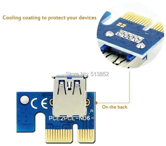 Alt view image 2 of 6 - 006C PCIe X1 to X16 Mining Riser Card, USB 3.0 Extension Cable with Dual Power Supply SATA 6Pin & IDE Molex for BTC GPU Mining Rig