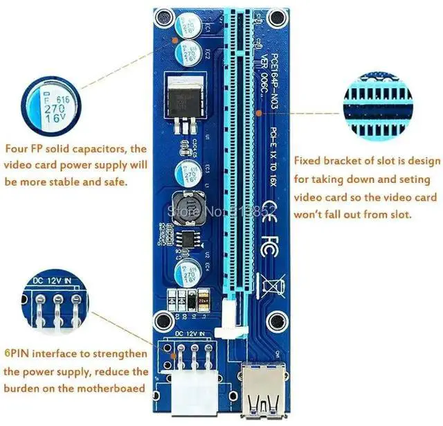 Alt view image 3 of 6 - 006C PCIe X1 to X16 Mining Riser Card, USB 3.0 Extension Cable with Dual Power Supply SATA 6Pin & IDE Molex for BTC GPU Mining Rig