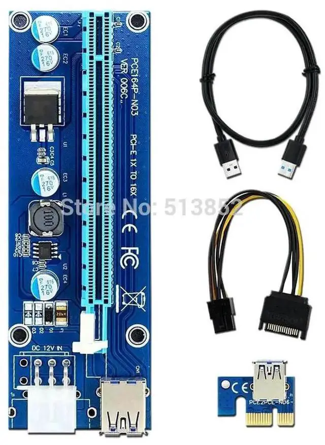 Alt view image 4 of 6 - 006C PCIe X1 to X16 Mining Riser Card, USB 3.0 Extension Cable with Dual Power Supply SATA 6Pin & IDE Molex for BTC GPU Mining Rig
