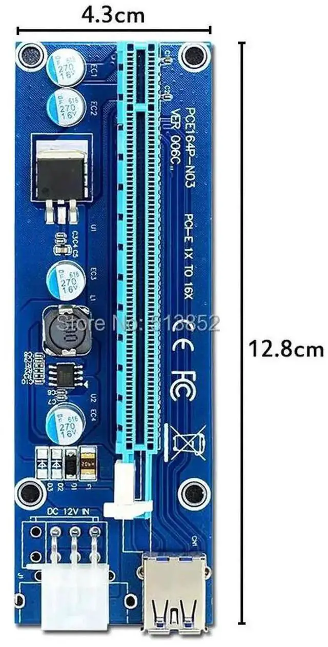 Alt view image 6 of 6 - 006C PCIe X1 to X16 Mining Riser Card, USB 3.0 Extension Cable with Dual Power Supply SATA 6Pin & IDE Molex for BTC GPU Mining Rig
